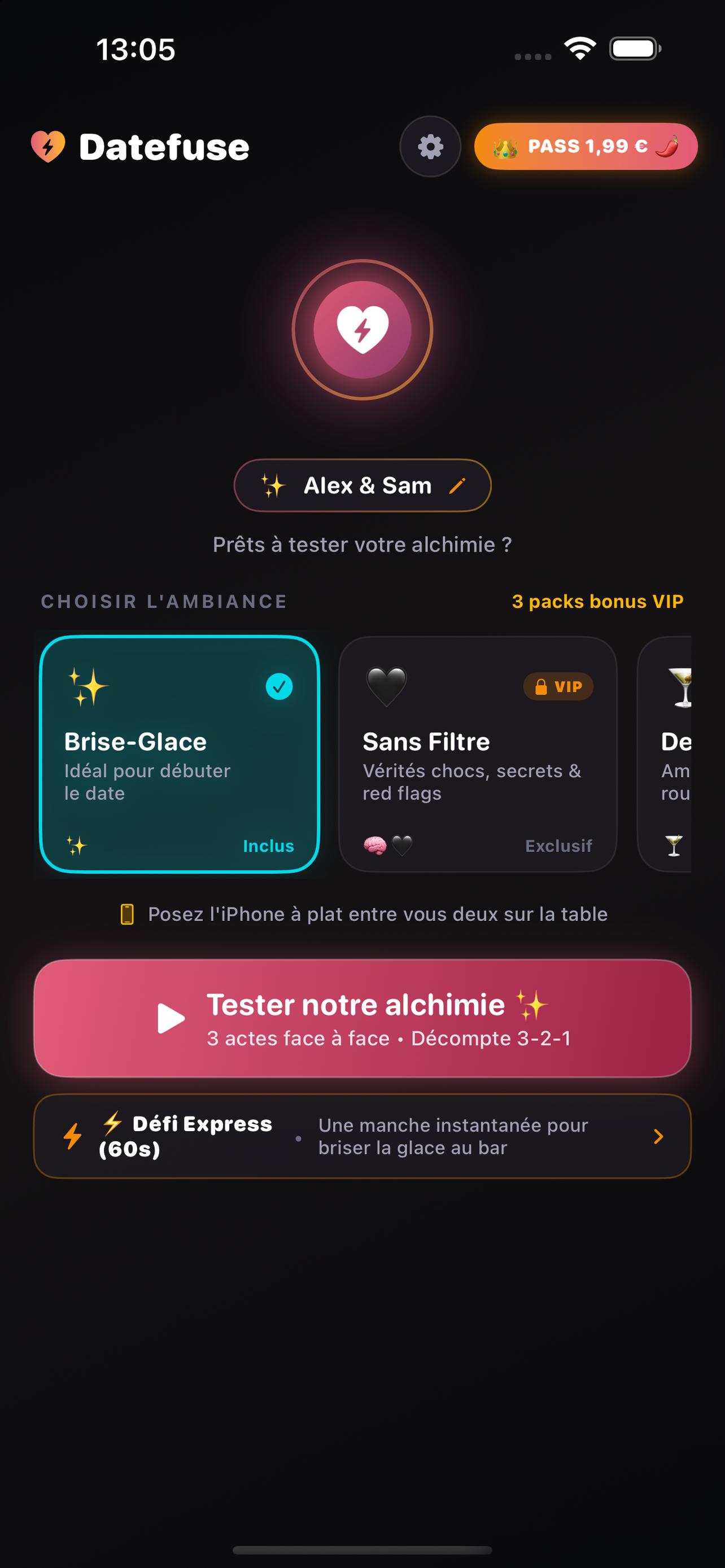 Datefuse Écran Accueil et Choix d'Ambiance